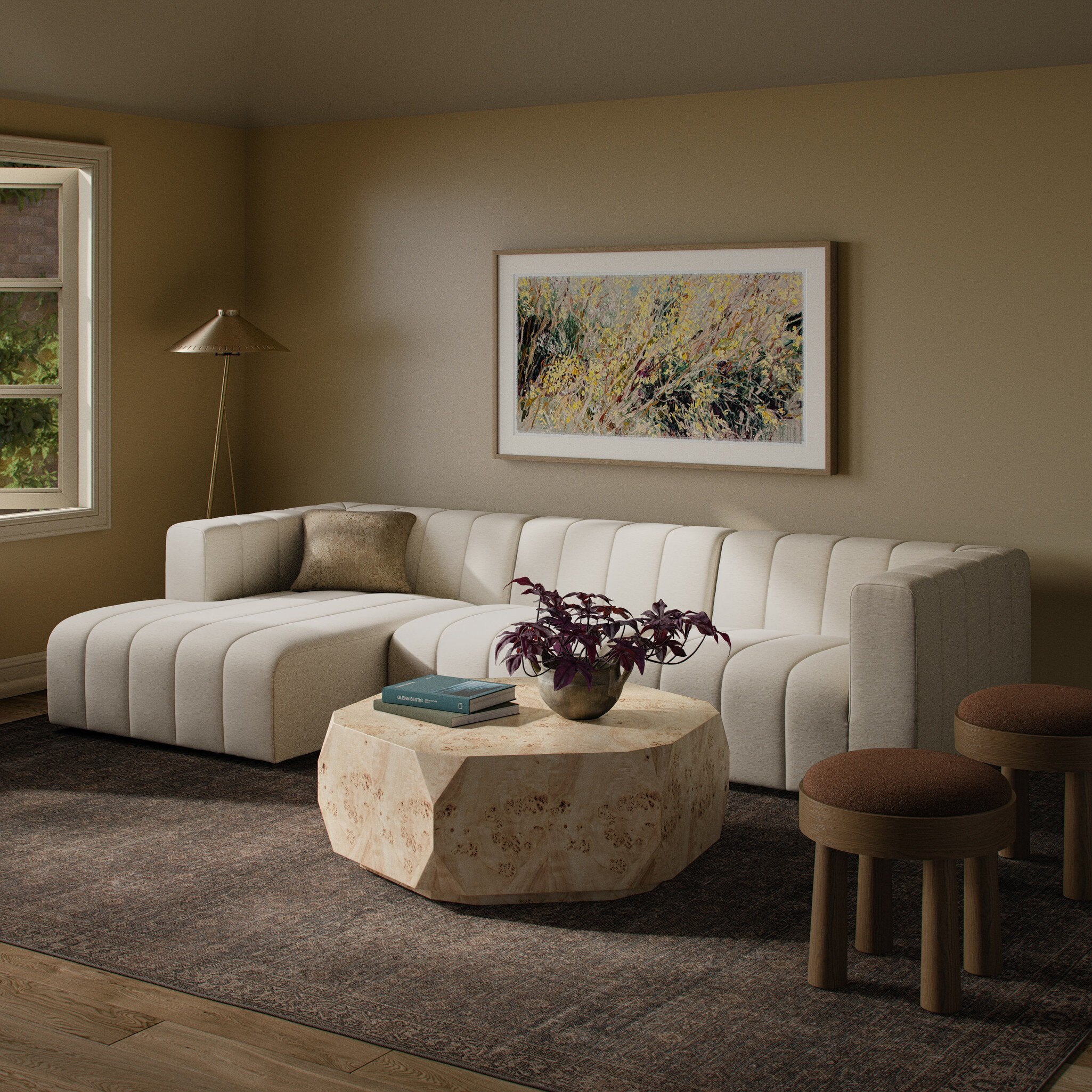 Four Hands Langham Channeled Crypton Nomad Snow 3 Piece Sectional Sofa in a styled room setting 2