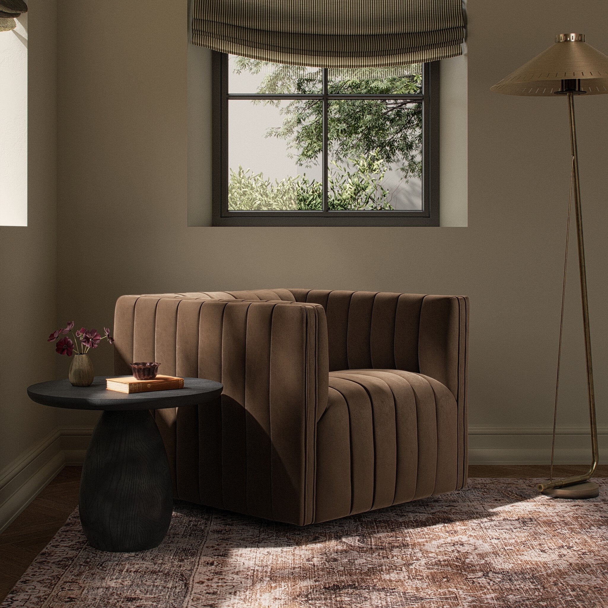 Four Hands Augustine Maestro Cigar Swivel Chair in a styled room setting