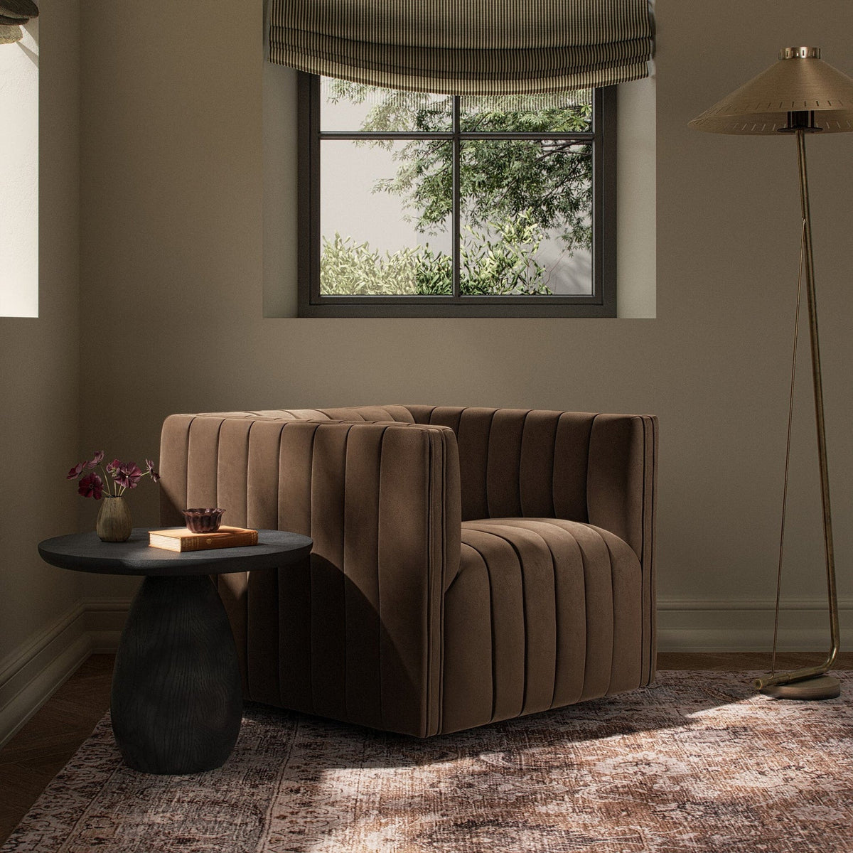 Four Hands Augustine Maestro Cigar Swivel Chair in a styled room setting