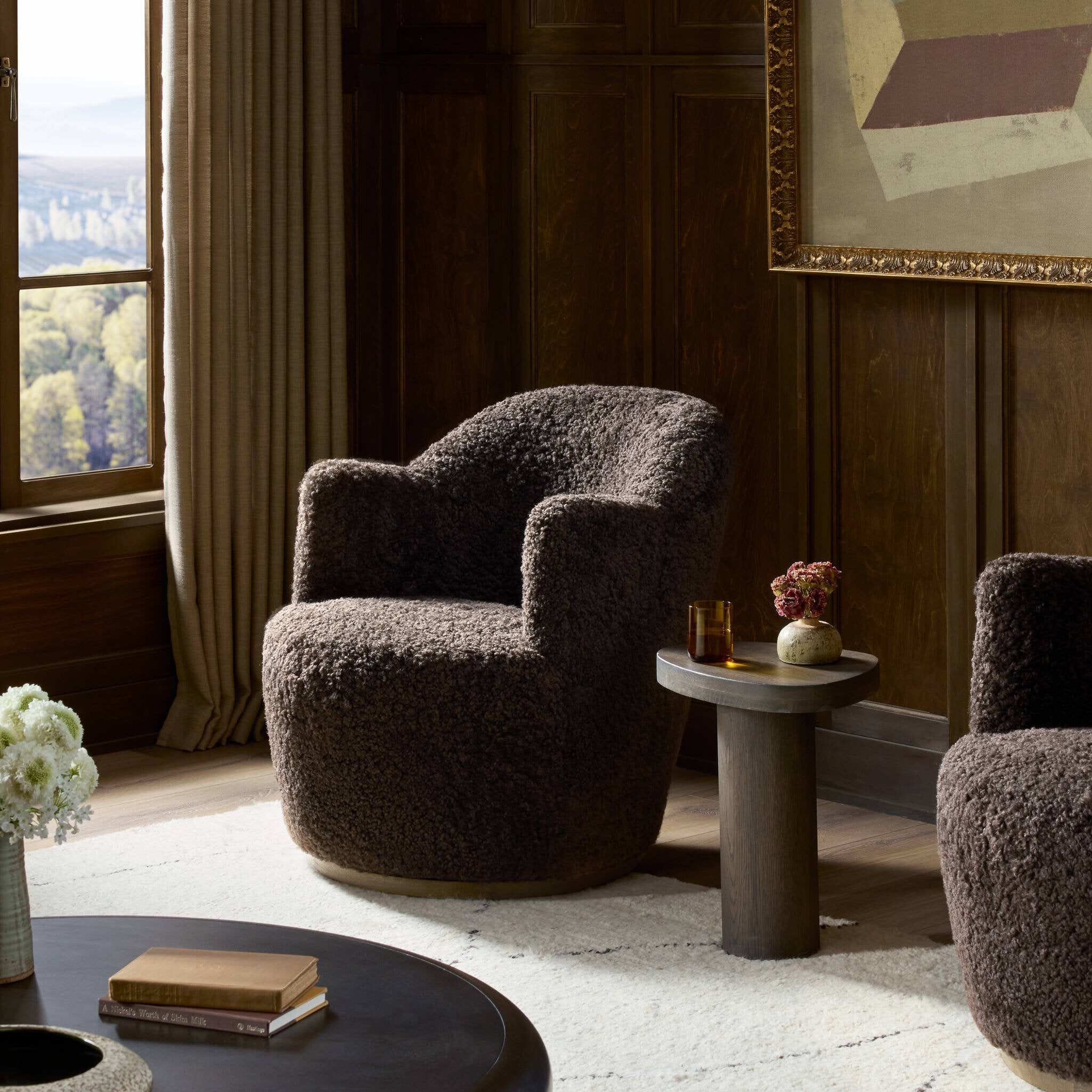 Four Hands Aurora Cocoa Shearling Swivel Chair - styled room setting