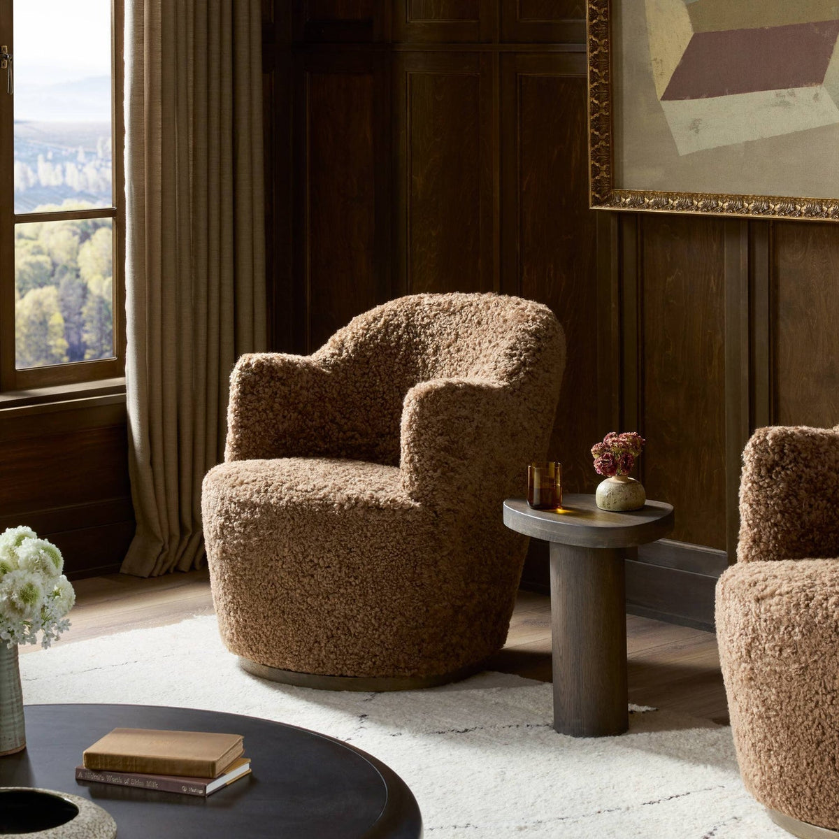 Four Hands Aurora Amber Shearling Swivel Chair - styled room setting