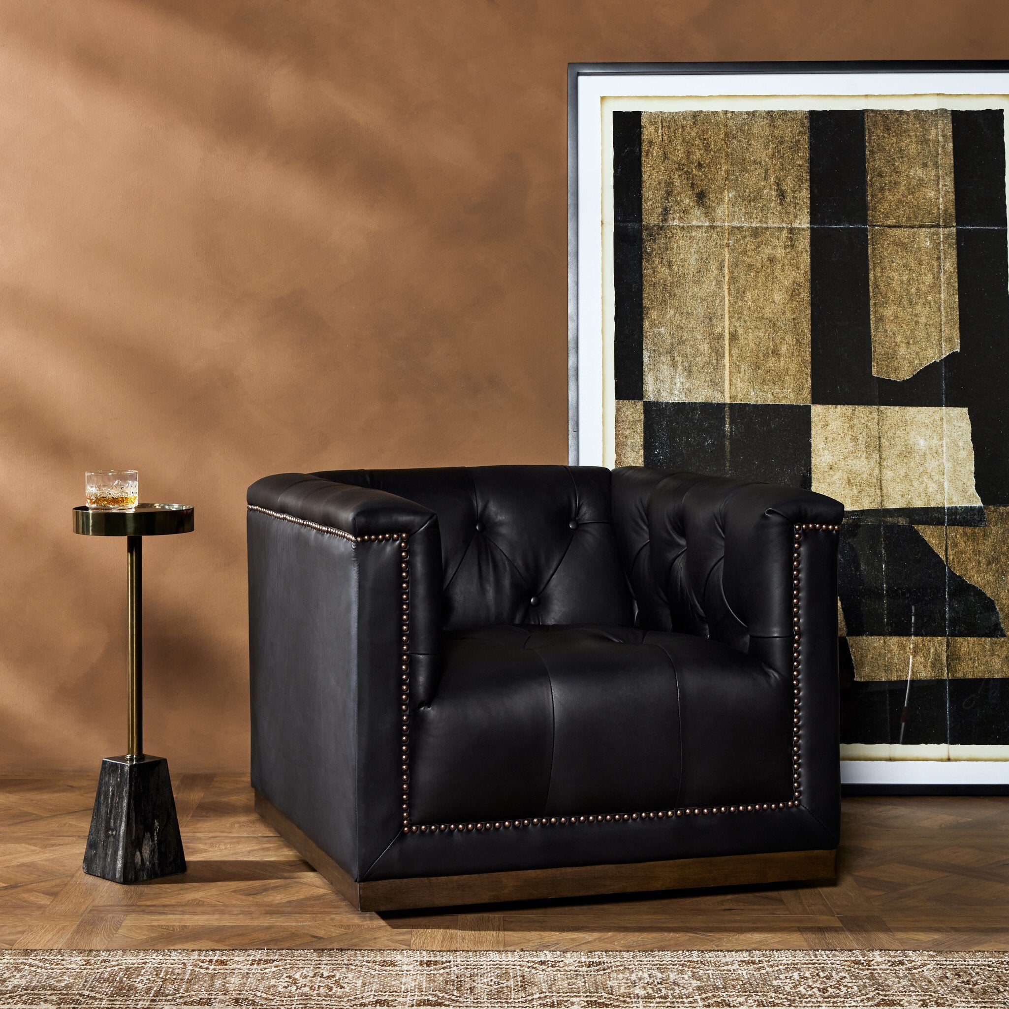 Four Hands Maxx Heirloom Black Swivel Chair - styled room setting