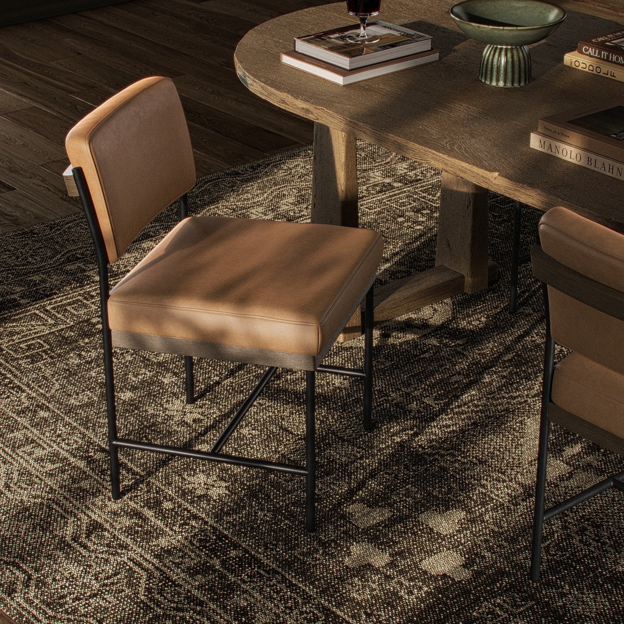 Four Hands Benton Maestro Camel Dining Chair styled in a room setting