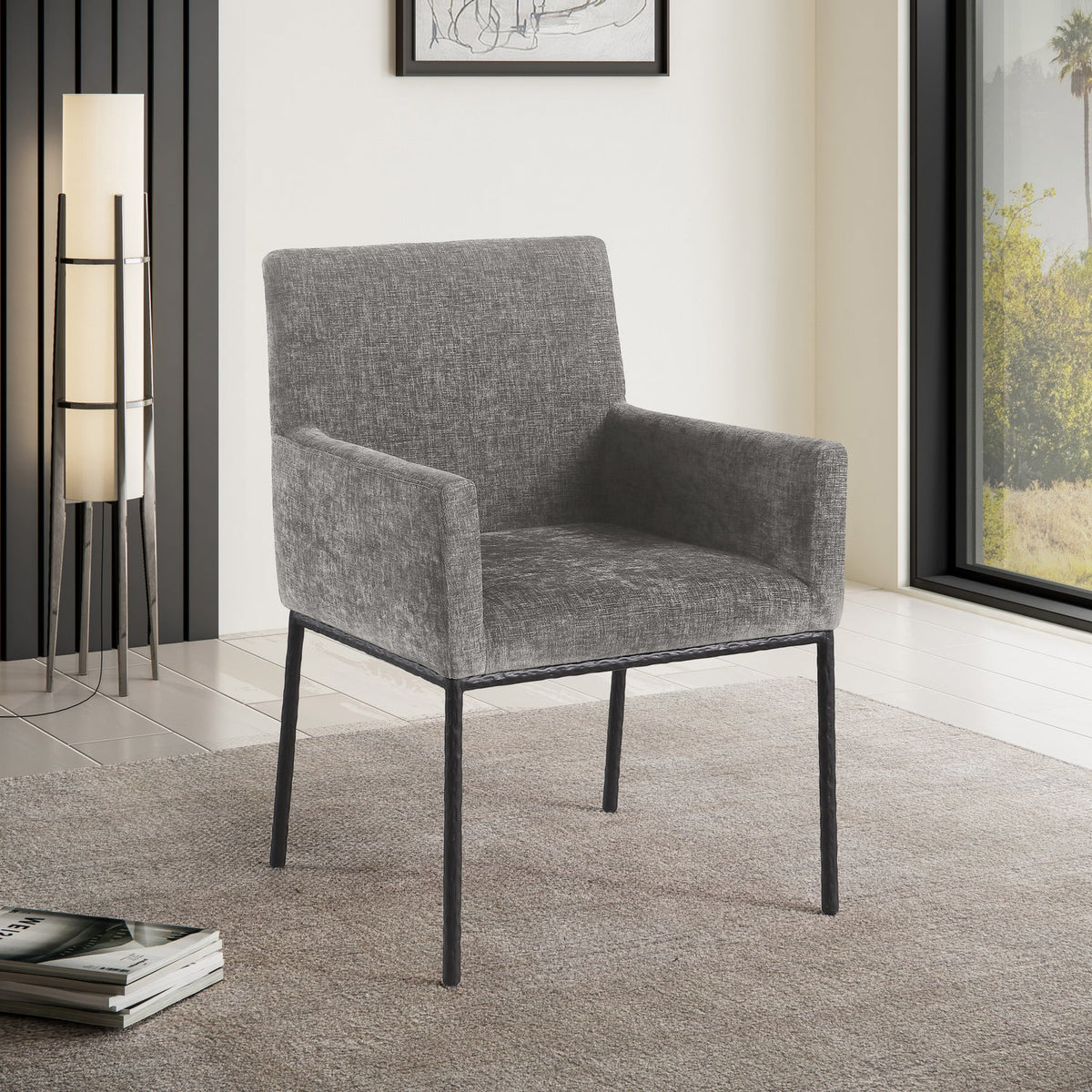 Reeves Grey Chenille Fabric Upholstered Dining Arm Chair Set of 2