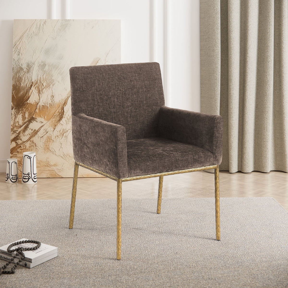Reeves Brown Chenille Fabric Upholstered Dining Arm Chair Set of 2