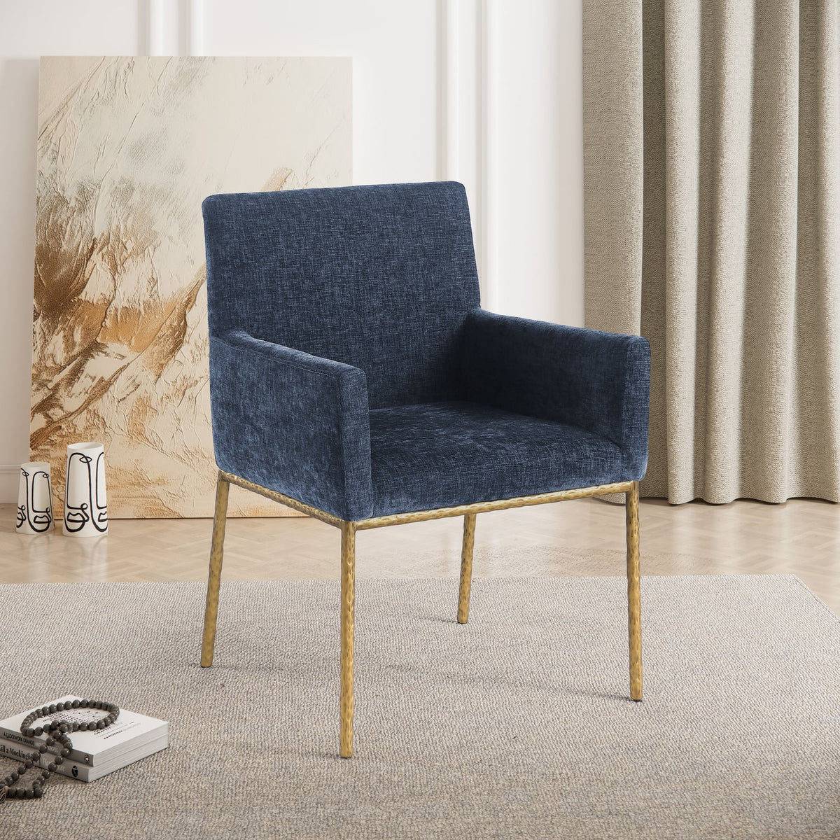 Reeves Navy Chenille Fabric Upholstered Dining Arm Chair Set of 2