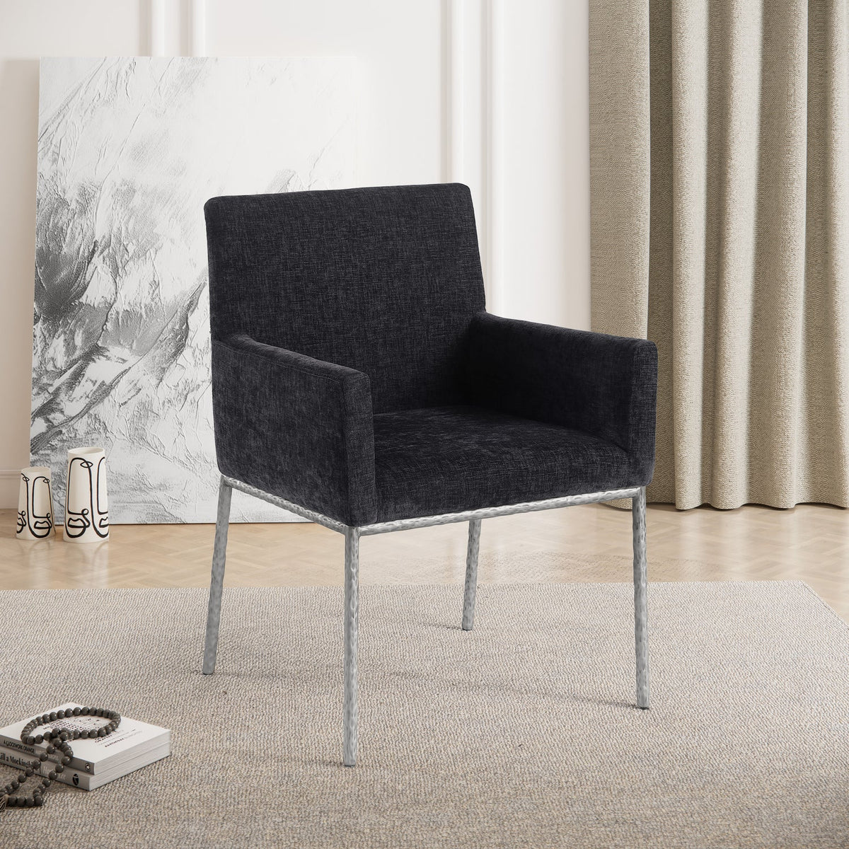 Reeves Black Chenille Fabric Upholstered Dining Arm Chair Set of 2