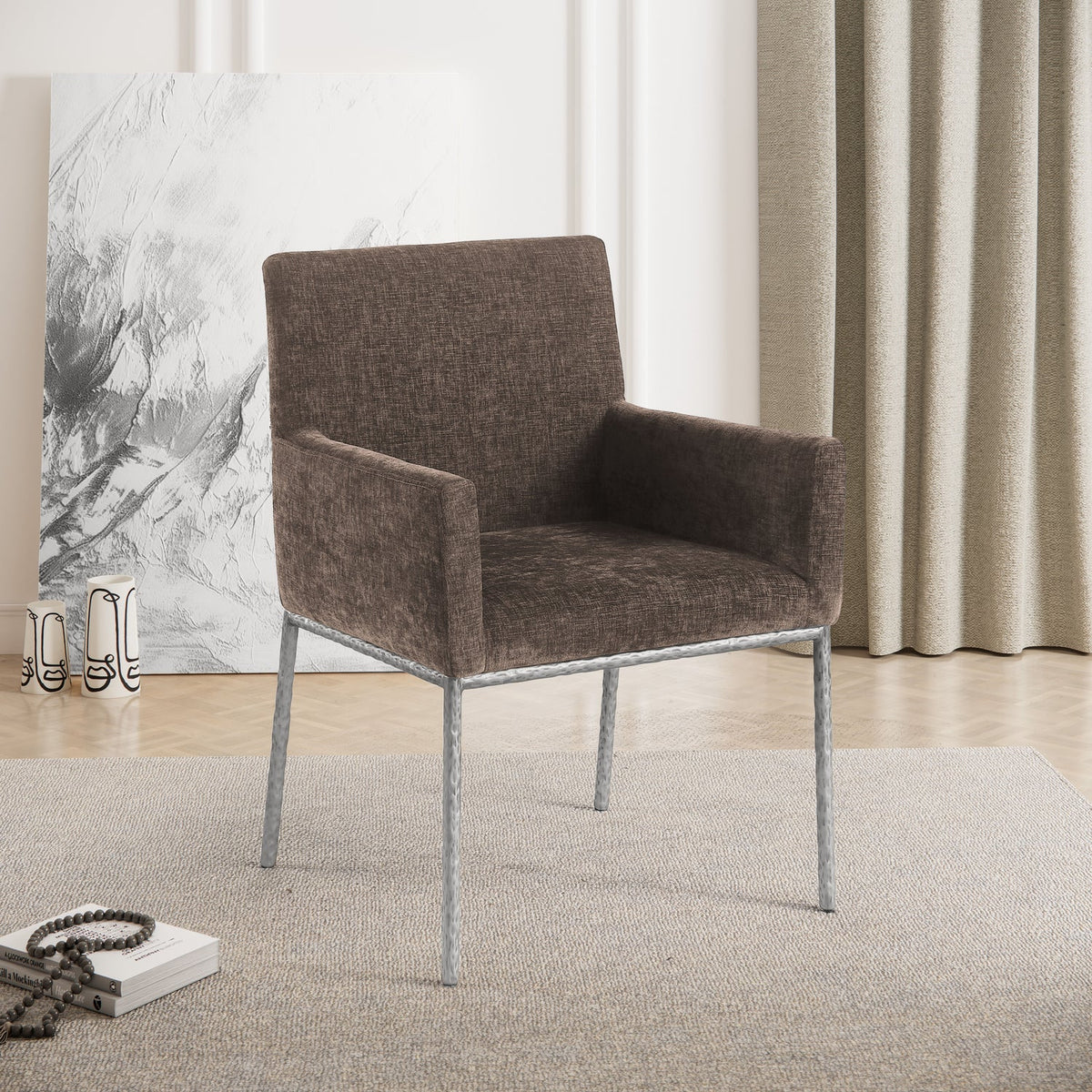 Reeves Brown Chenille Fabric Upholstered Dining Arm Chair Set of 2