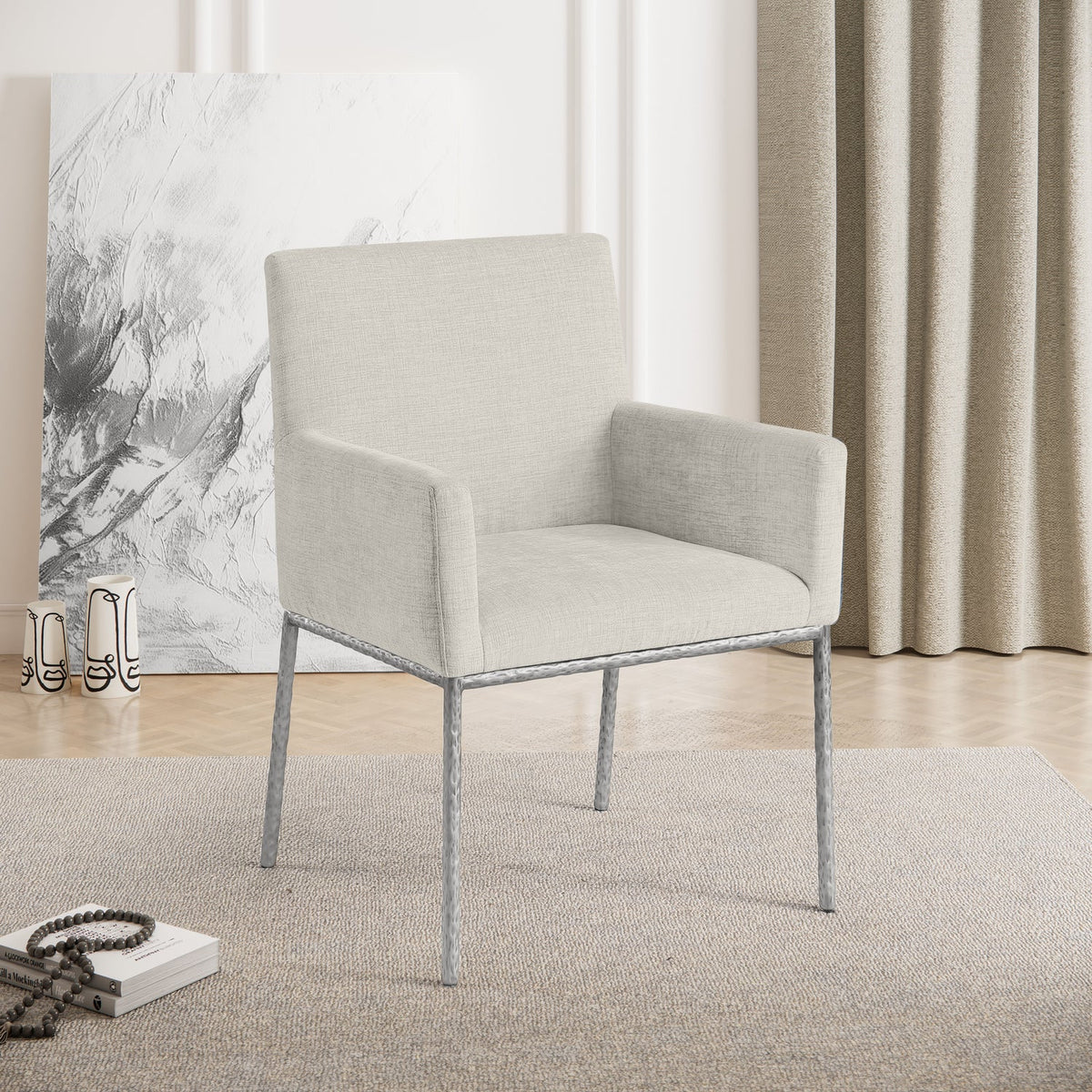 Reeves Cream Chenille Fabric Upholstered Dining Arm Chair Set of 2