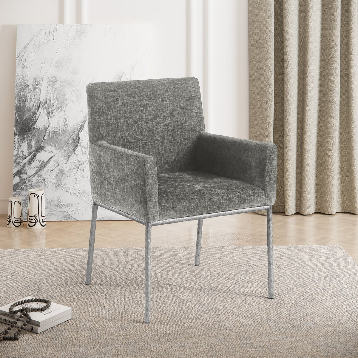 Reeves Grey Chenille Fabric Upholstered Dining Arm Chair Set of 2