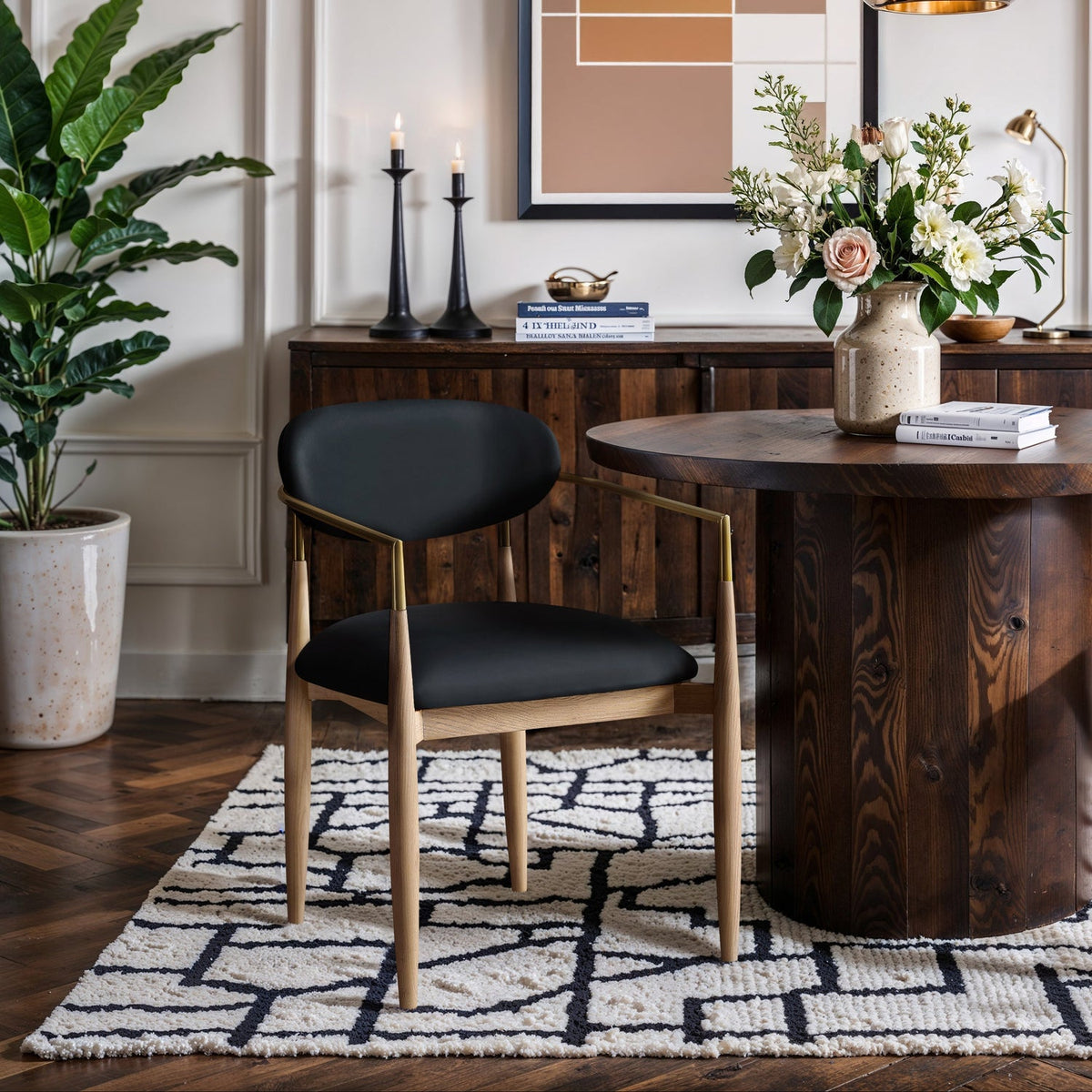 Riccio Black Vegan Leather Upholstered Dining Arm Chair Set of 2