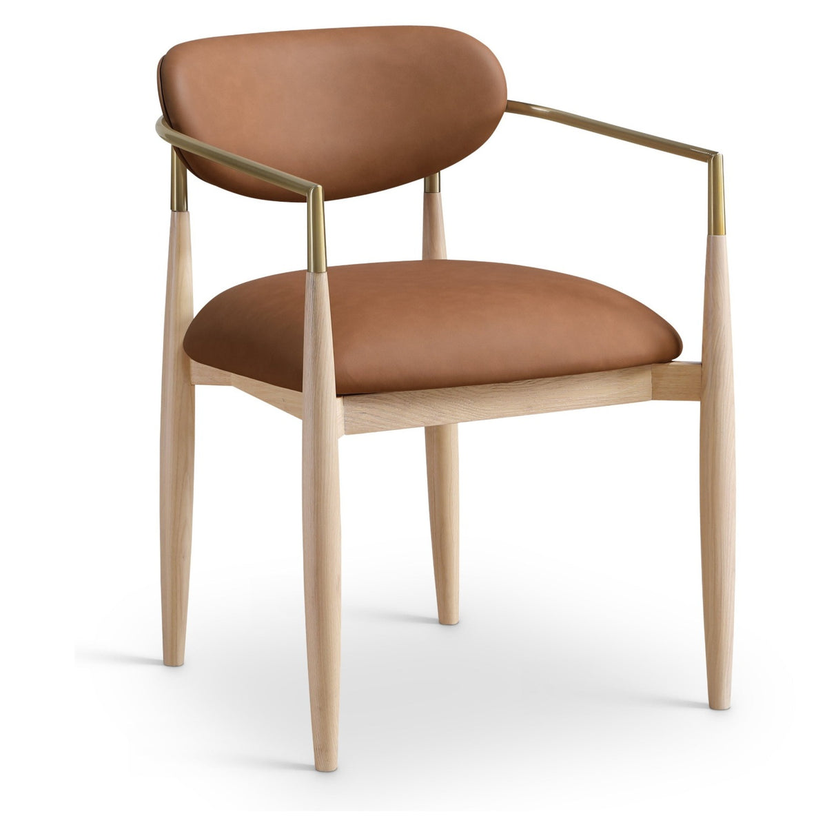 Riccio Cognac Vegan Leather Upholstered Dining Arm Chair, Set of 2 in natural ash, brushed brass, primary product view