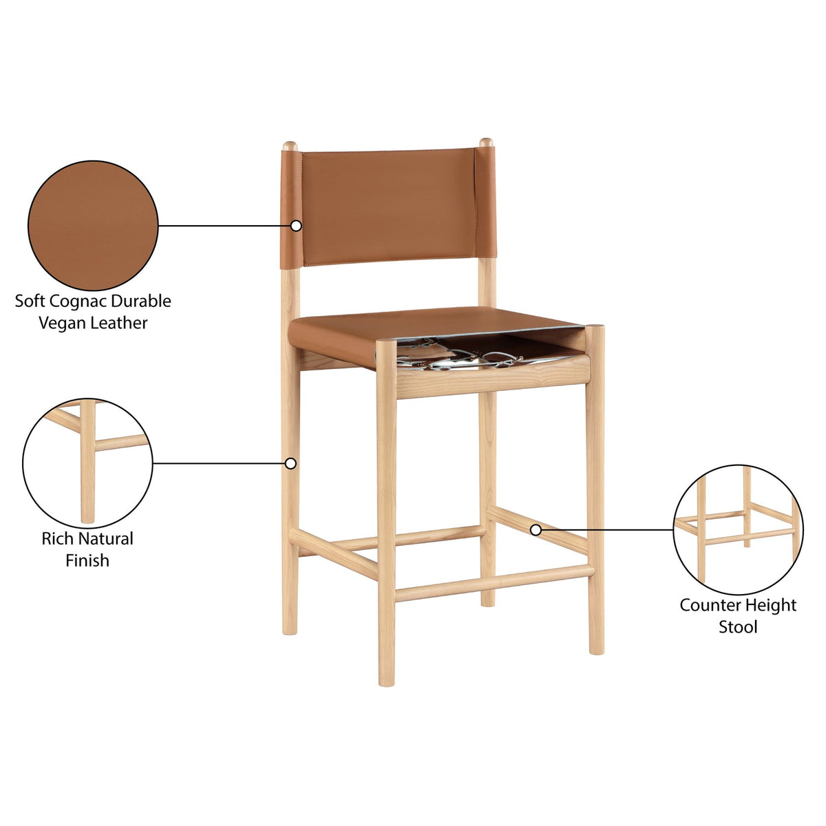 Rawlins Cognac Vegan Leather Upholstered Counter Stool Set of 2