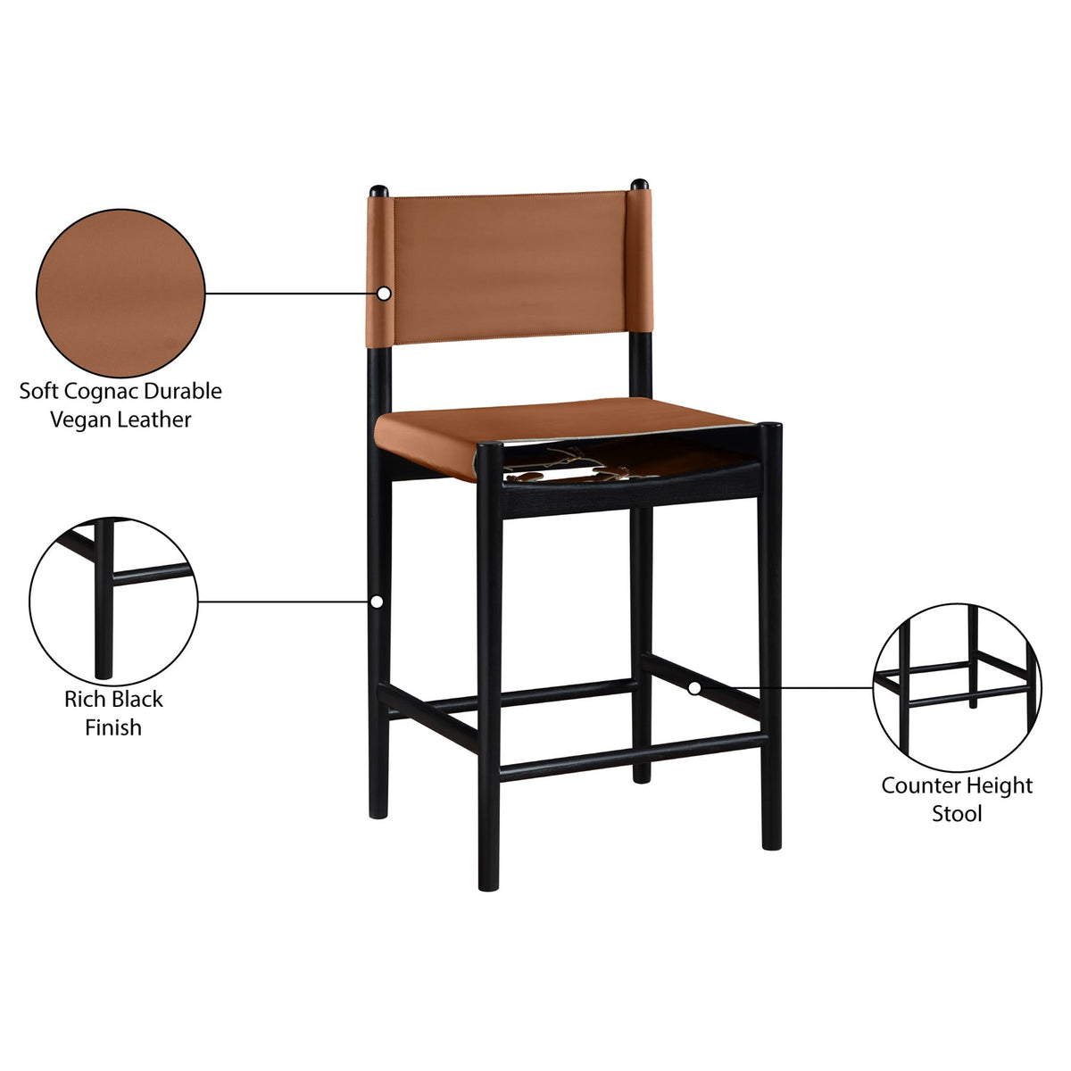 Rawlins Cognac Vegan Leather Upholstered Counter Stool Set of 2