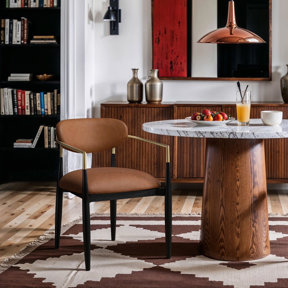 Riccio Cognac Vegan Leather Upholstered Dining Arm Chair Set of 2