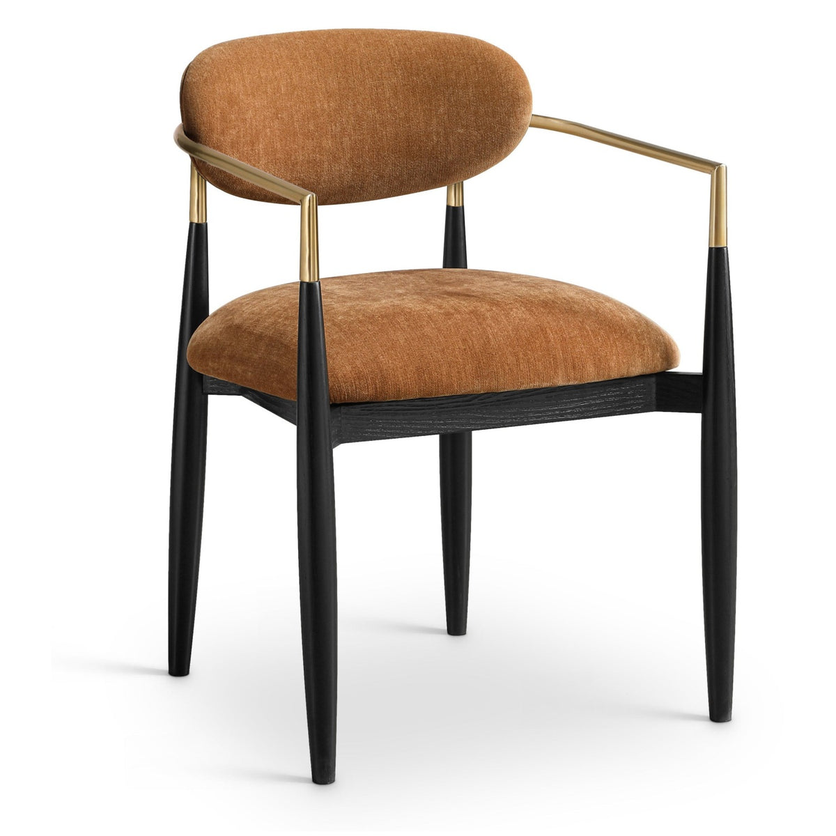 Riccio Cognac Performance Fabric Upholstered Dining Arm Chair, Set of 2 in black finish, brushed brass, primary product view