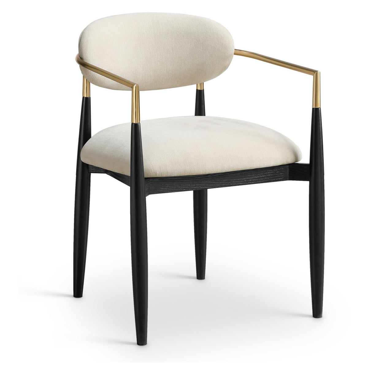 Riccio Cream Performance Fabric Upholstered Dining Arm Chair, Set of 2 in black ash, brushed brass, primary product view
