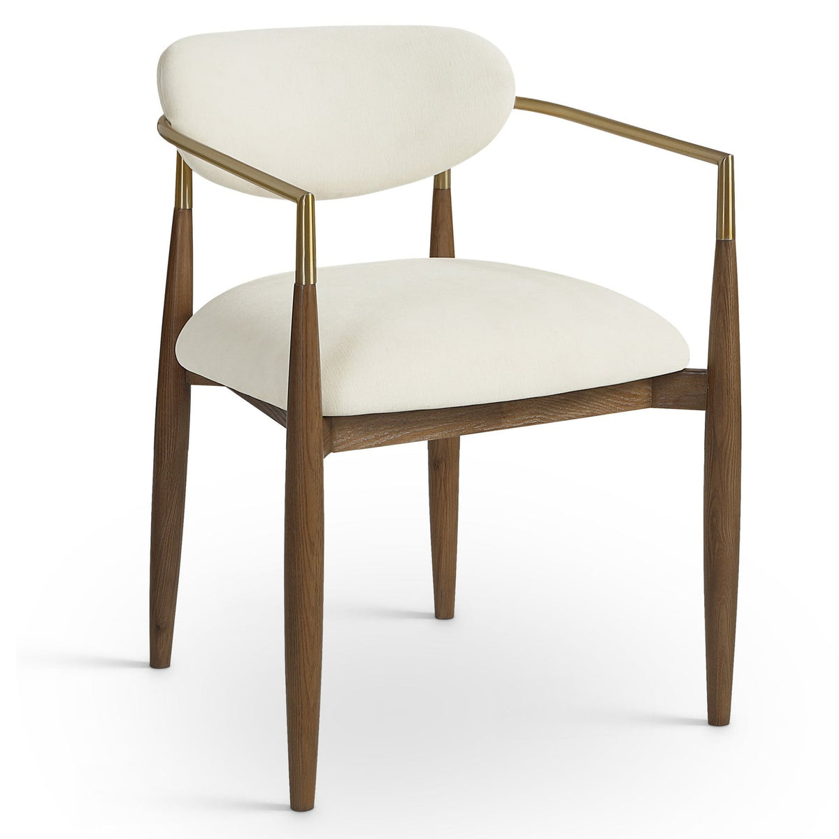 Riccio Cream Performance Fabric Upholstered Dining Arm Chair, Set of 2 in walnut ash, brushed brass, primary product view