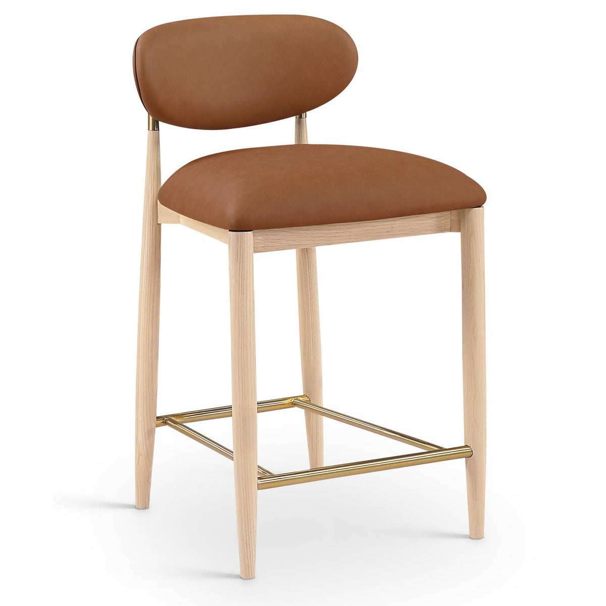Riccio Cognac Vegan Leather Upholstered Stool in natural ash, brushed brass, primary product view