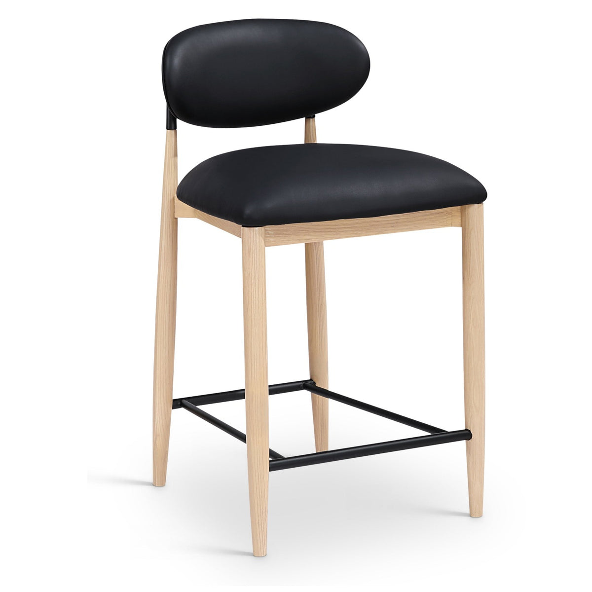 Riccio Black Vegan Leather Upholstered Stool in natural finish, matte black iron, primary product view