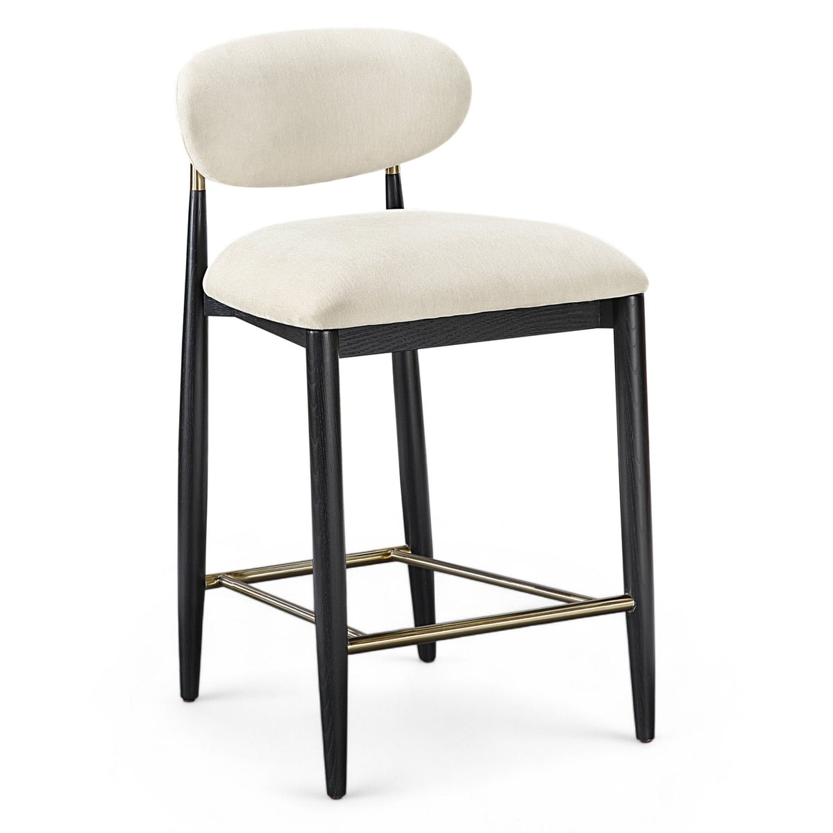 Riccio Beige Performance Fabric Upholstered Stool in beige performance fabric and black ash wood, primary product view