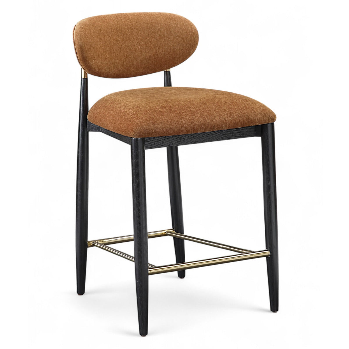 Riccio Cognac Performance Fabric Upholstered Stool in black ash, brushed brass, primary product view