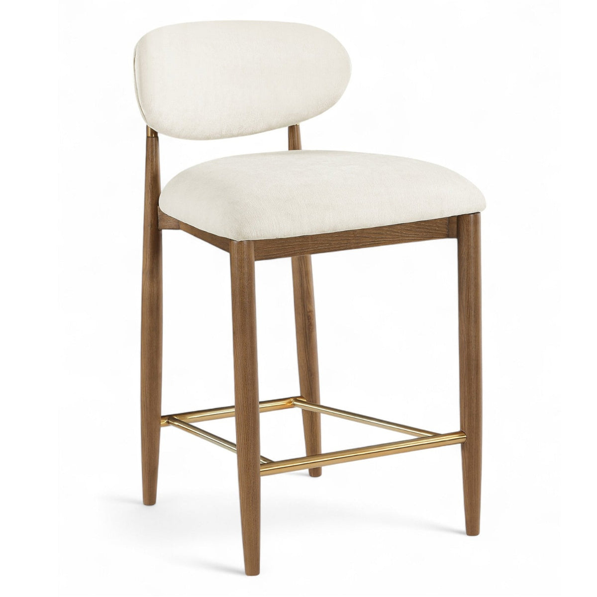 Riccio Beige Performance Fabric Upholstered Stool in beige performance fabric and brown walnut wood, primary product view