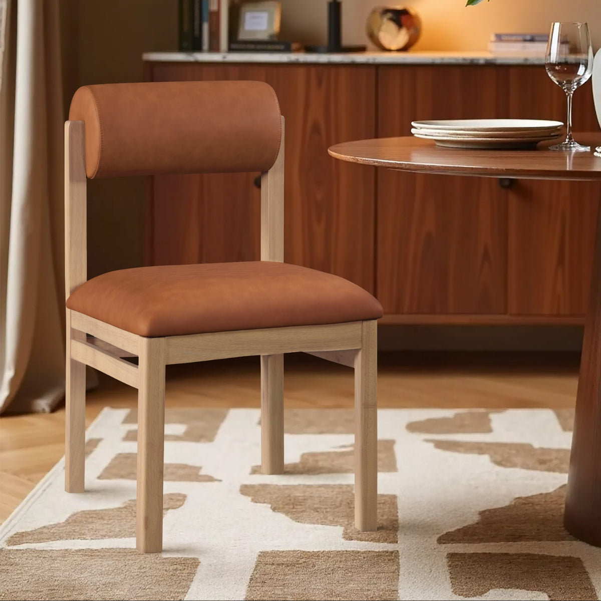 Roundhill Cognac Vegan Leather Upholstered Dining Chair Set of 2