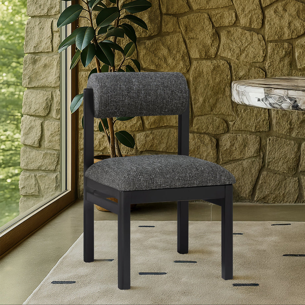 Roundhill Black Linen Textured Fabric Upholstered Dining Chair Set of 2