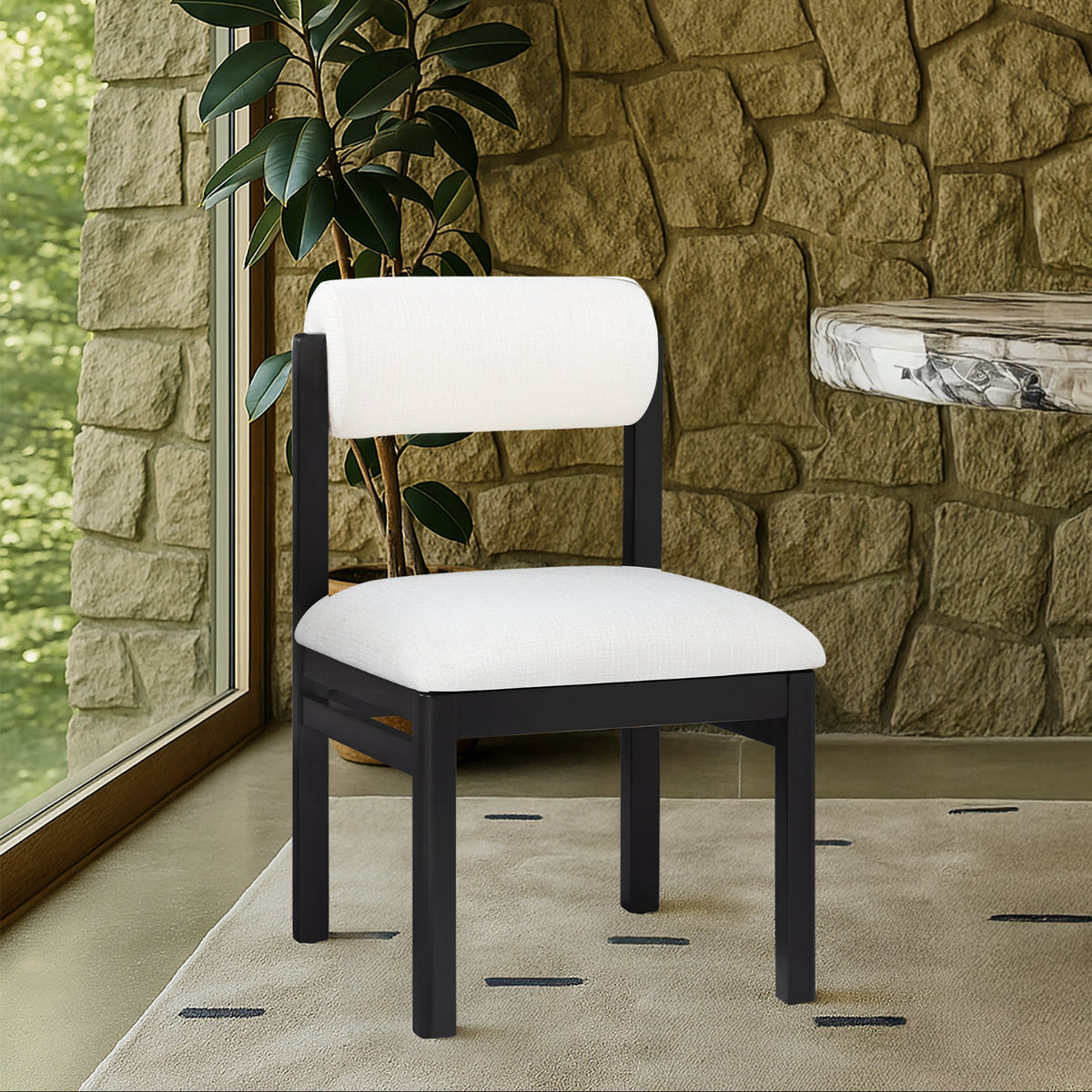 Roundhill Cream Linen Textured Fabric Upholstered Dining Chair Set of 2