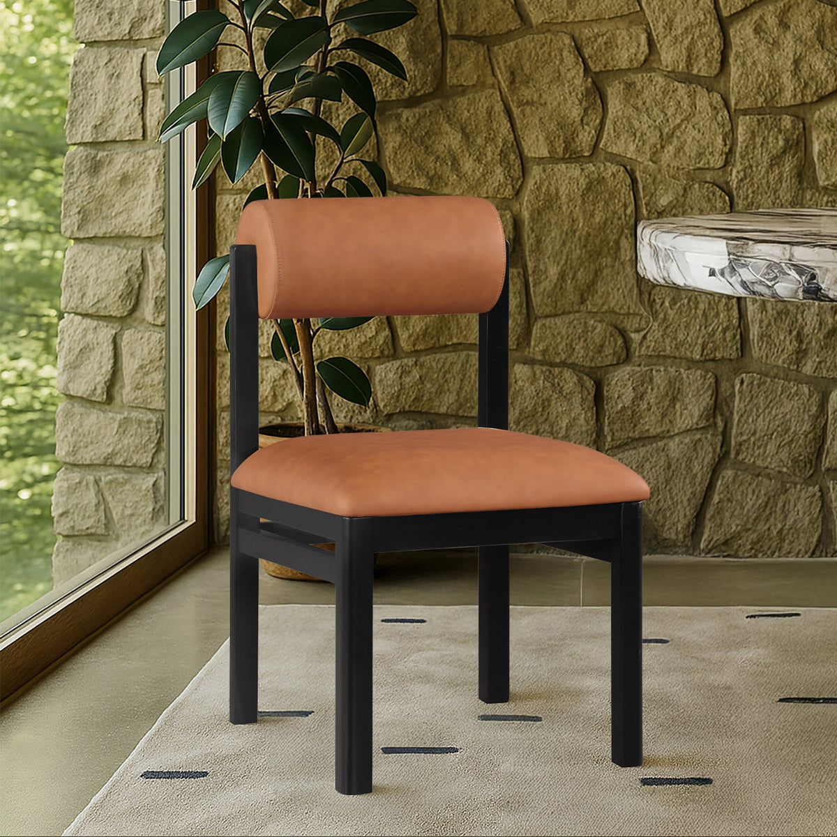 Roundhill Cognac Vegan Leather Upholstered Dining Chair Set of 2