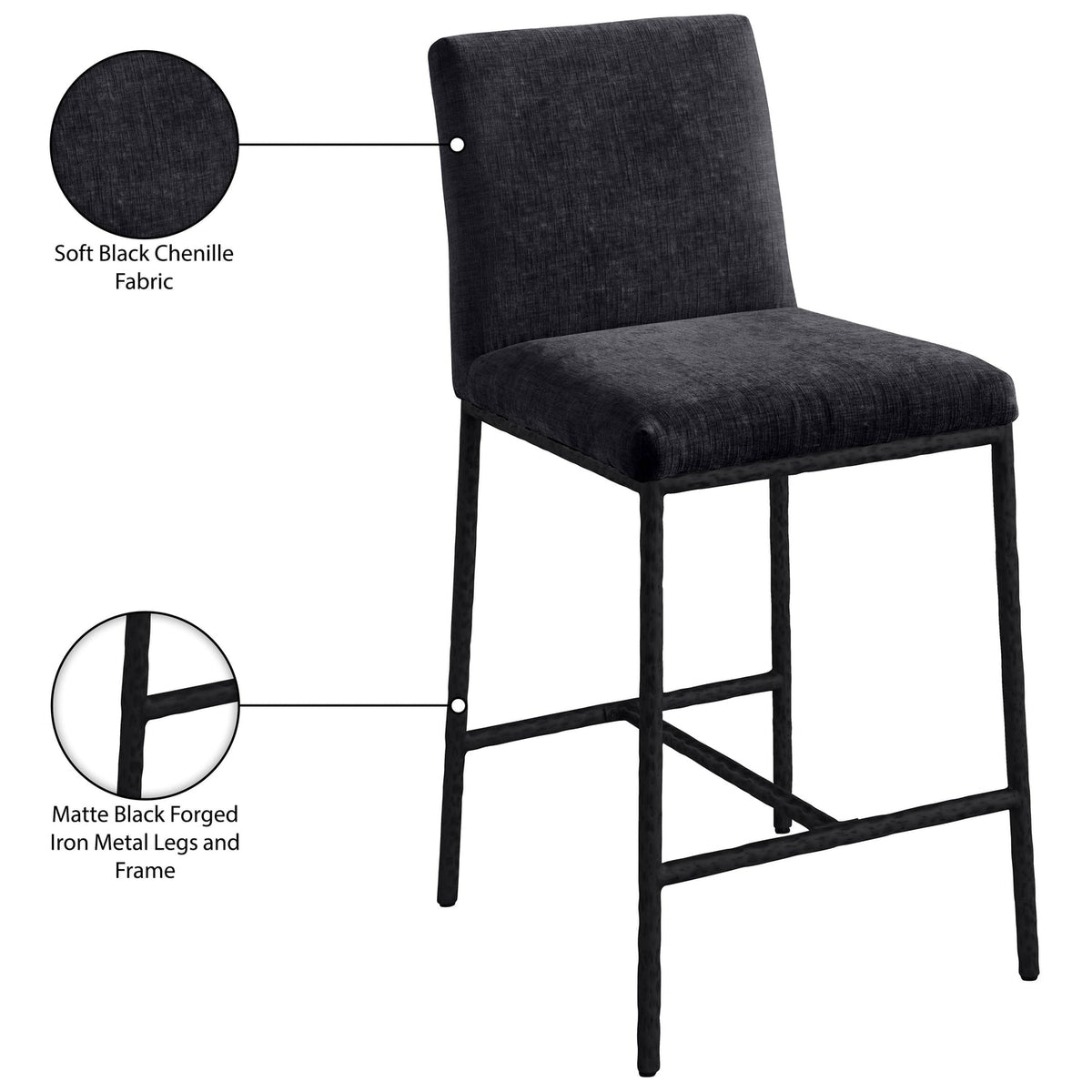 Reeves Black Chenille Fabric Upholstered Counter Stool Set of 2