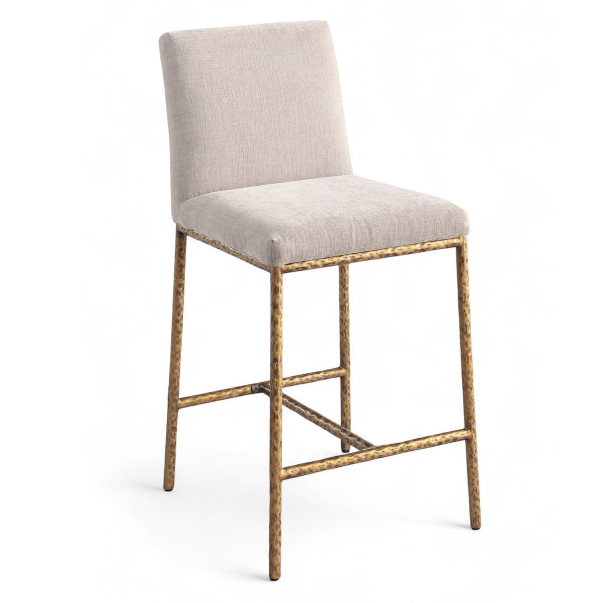 Reeves Beige Chenille Fabric Upholstered Counter Stool, Set of 2 in beige chenille, brushed brass, primary product view