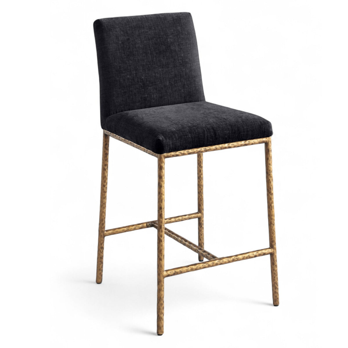 Reeves Black Chenille Fabric Upholstered Counter Stool, Set of 2 in black chenille, brushed brass, primary product view
