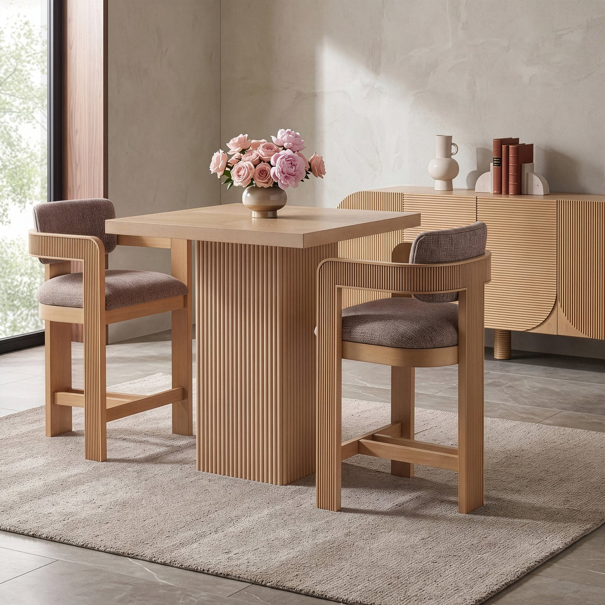 Sacha Brown Linen Textured Fabric Upholstered Counter Stool Set of 2
