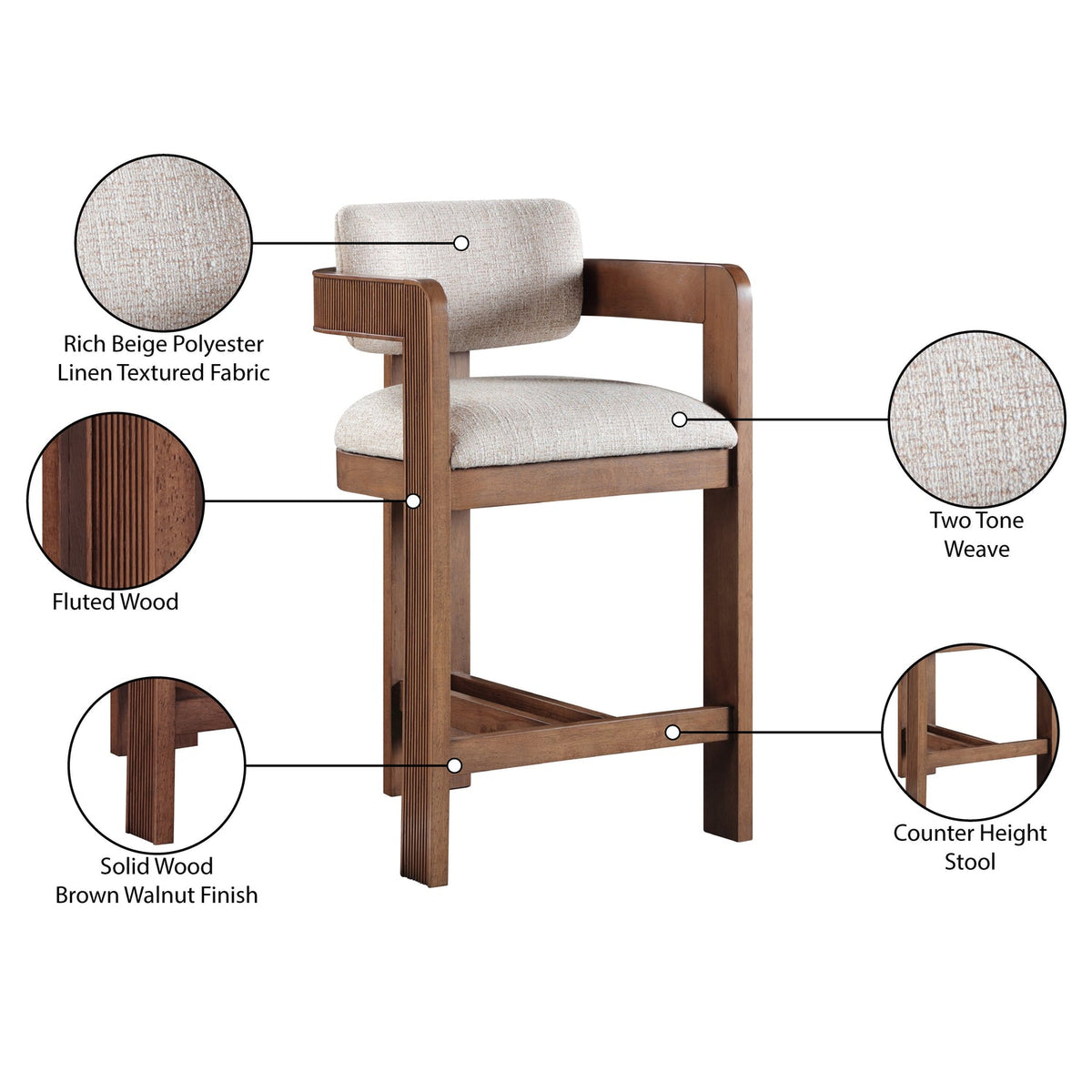Sacha Beige Linen Textured Fabric Upholstered Counter Stool Set of 2