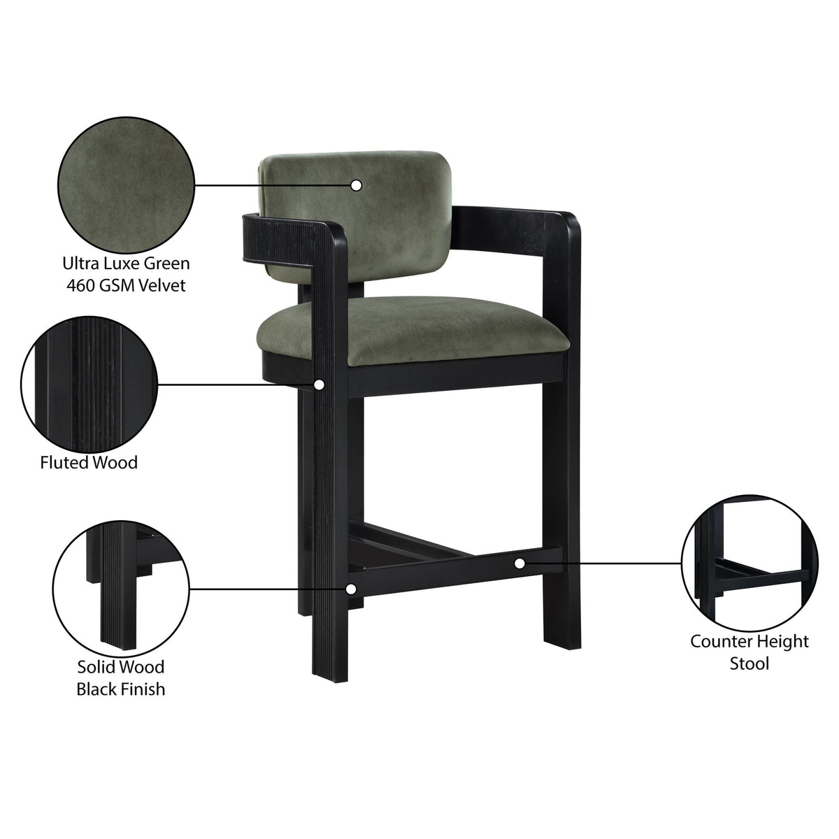Sacha Green Velvet Upholstered Counter Stool Set of 2
