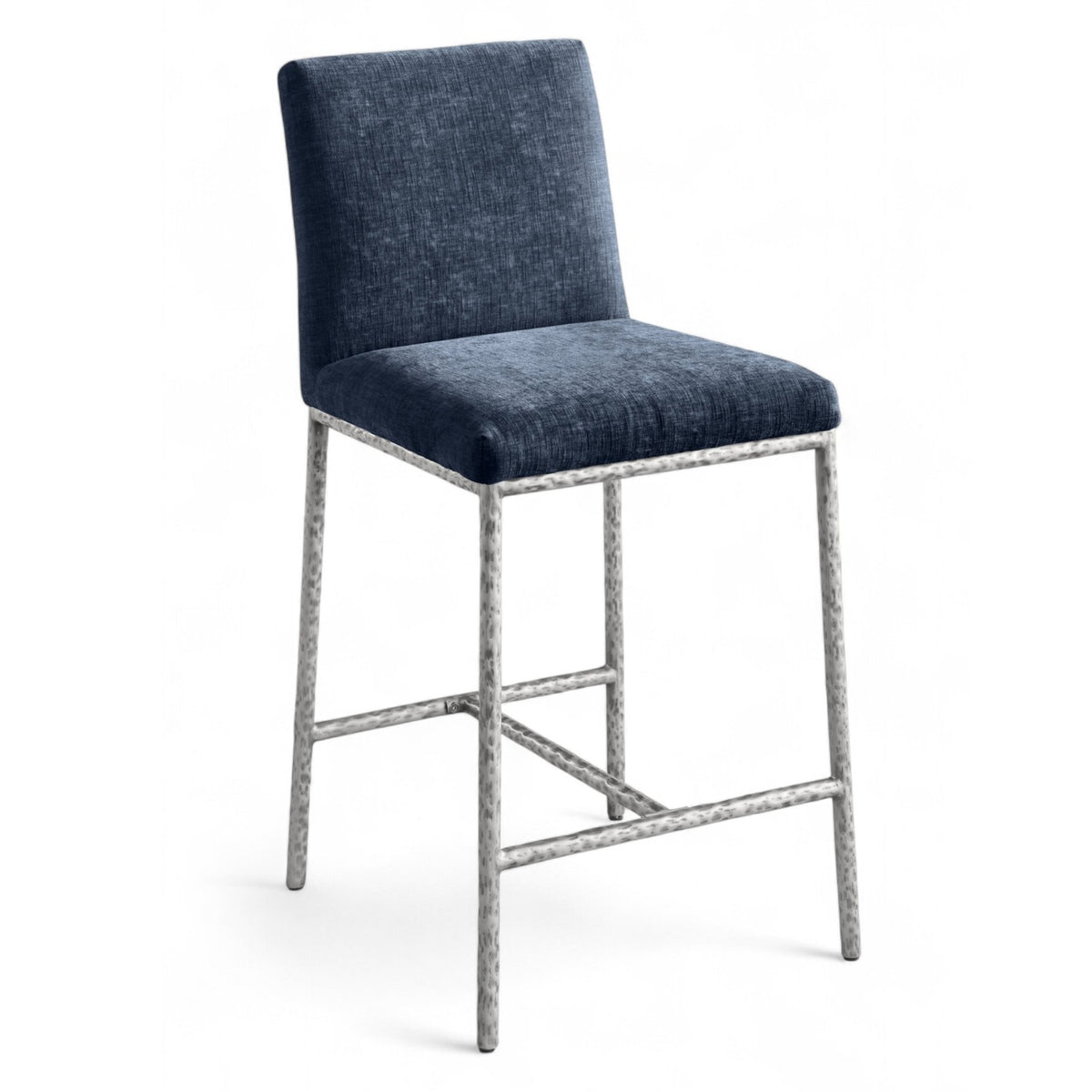 Reeves Navy Chenille Fabric Upholstered Counter Stool, Set of 2 in navy chenille and brushed silver, primary product view