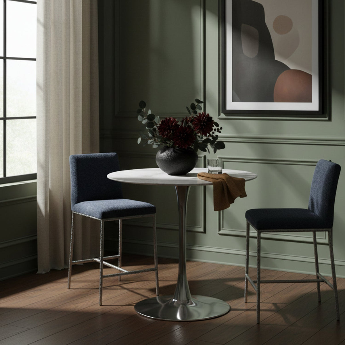 Reeves Navy Chenille Fabric Upholstered Counter Stool Set of 2