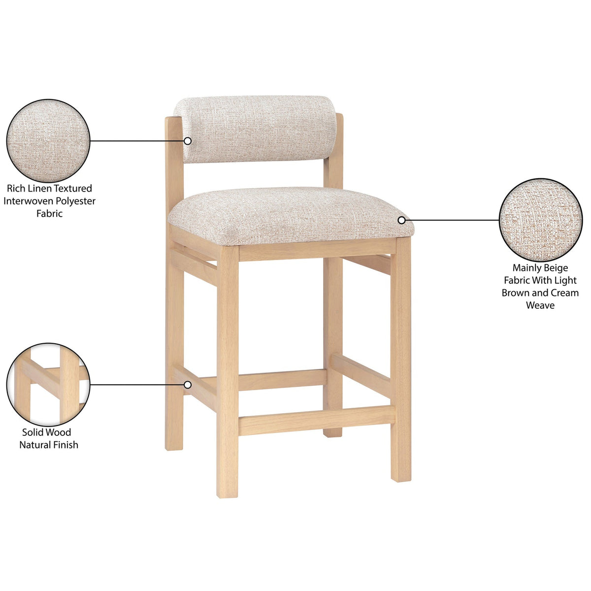 Roundhill Beige Linen Textured Fabric Upholstered Counter Stool Set of 2