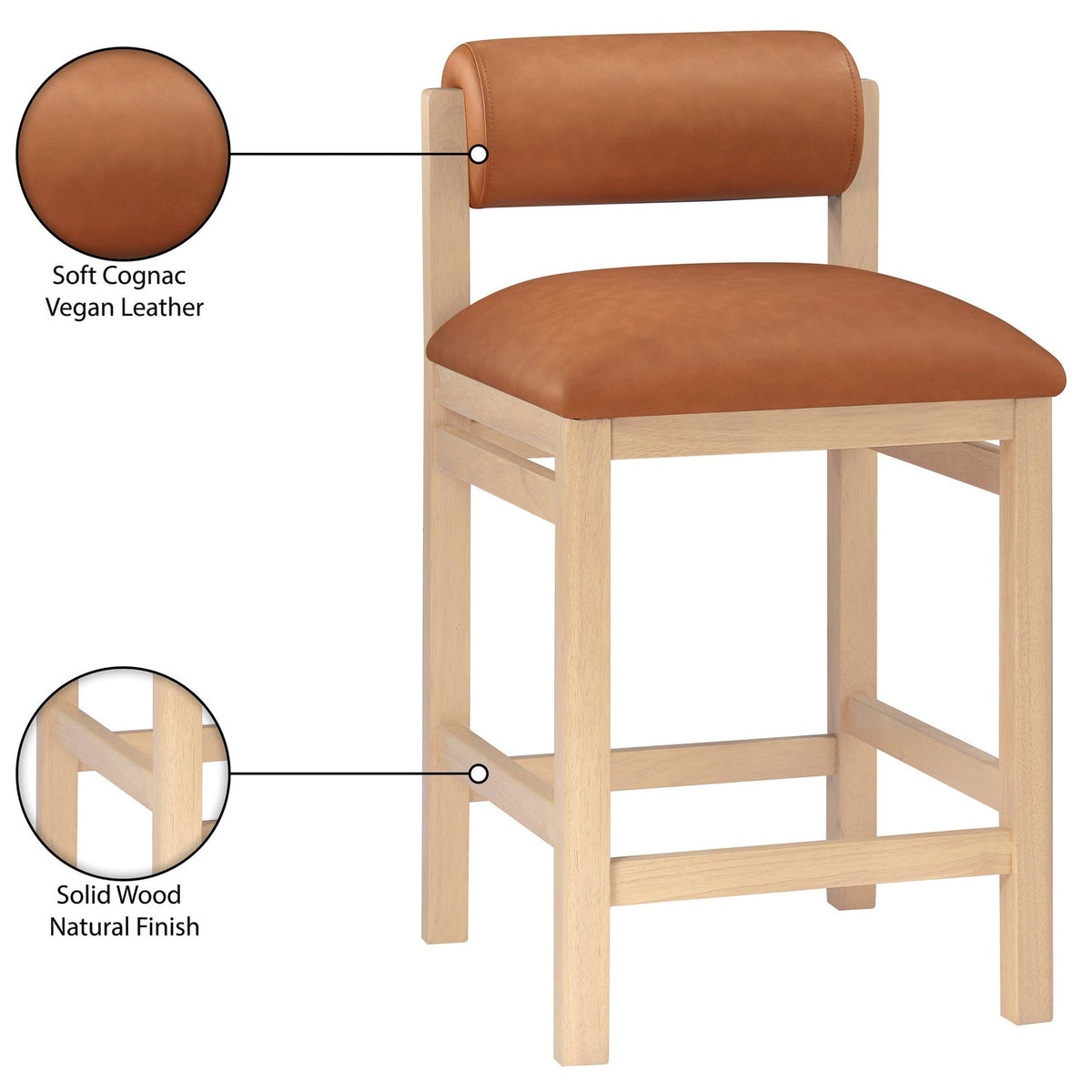 Roundhill Cognac Vegan Leather Upholstered Counter Stool Set of 2