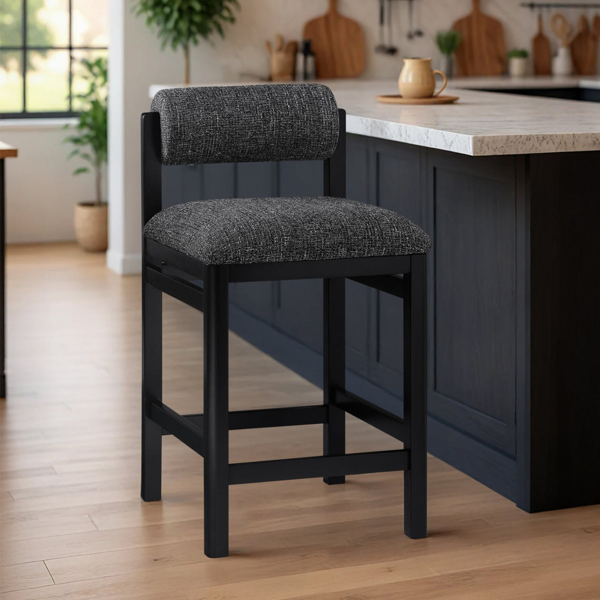Roundhill Black Linen Textured Fabric Upholstered Counter Stool Set of 2
