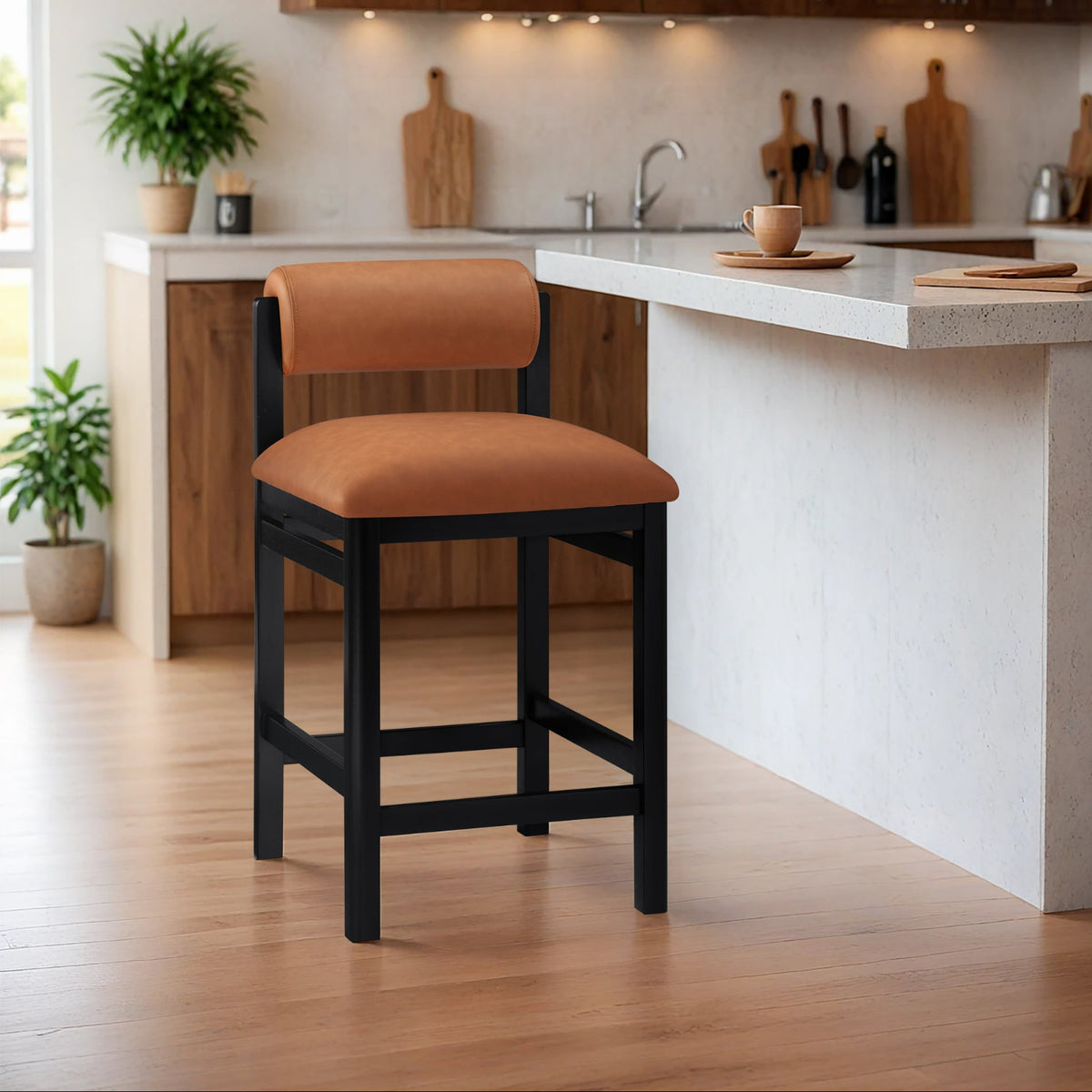 Roundhill Cognac Vegan Leather Upholstered Counter Stool Set of 2