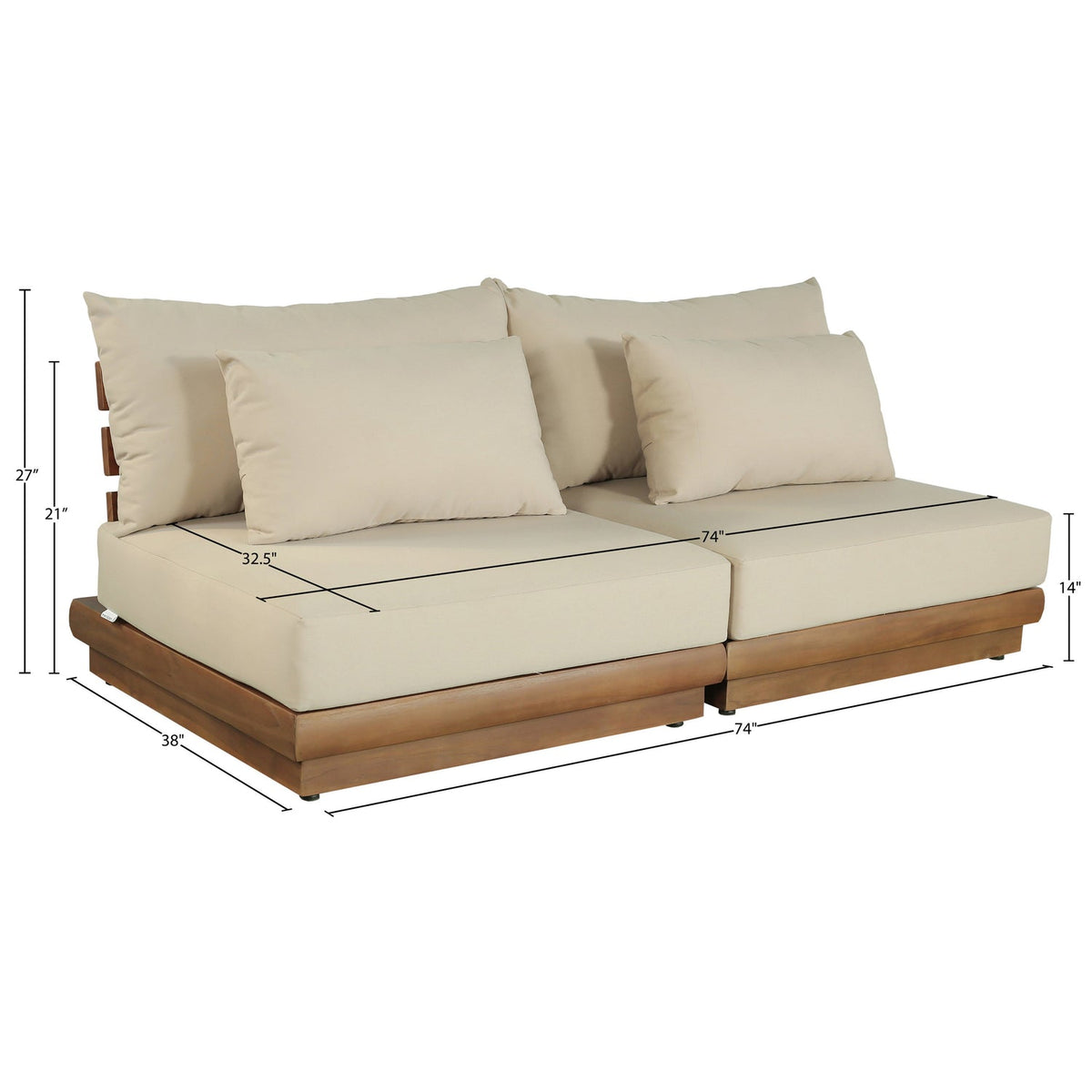Mirella 74in Tan Water Resistant Fabric Upholstered 2 Piece Outdoor Patio Modular Sofa