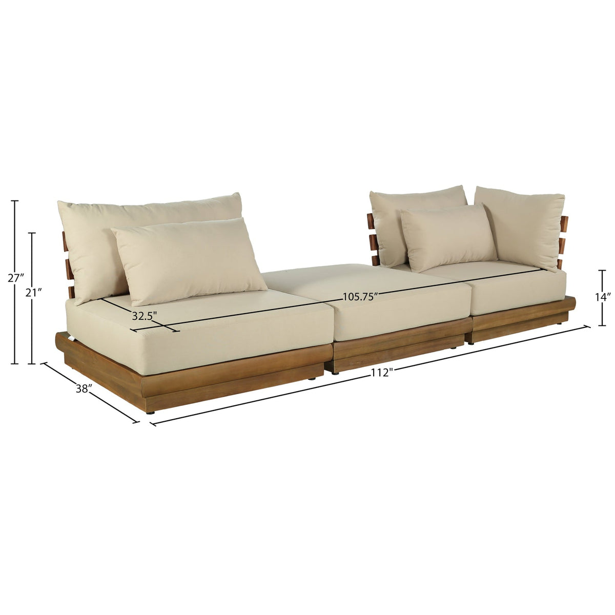 Mirella 112in Tan Water Resistant Fabric Upholstered 3 Piece Outdoor Patio Modular Sofa