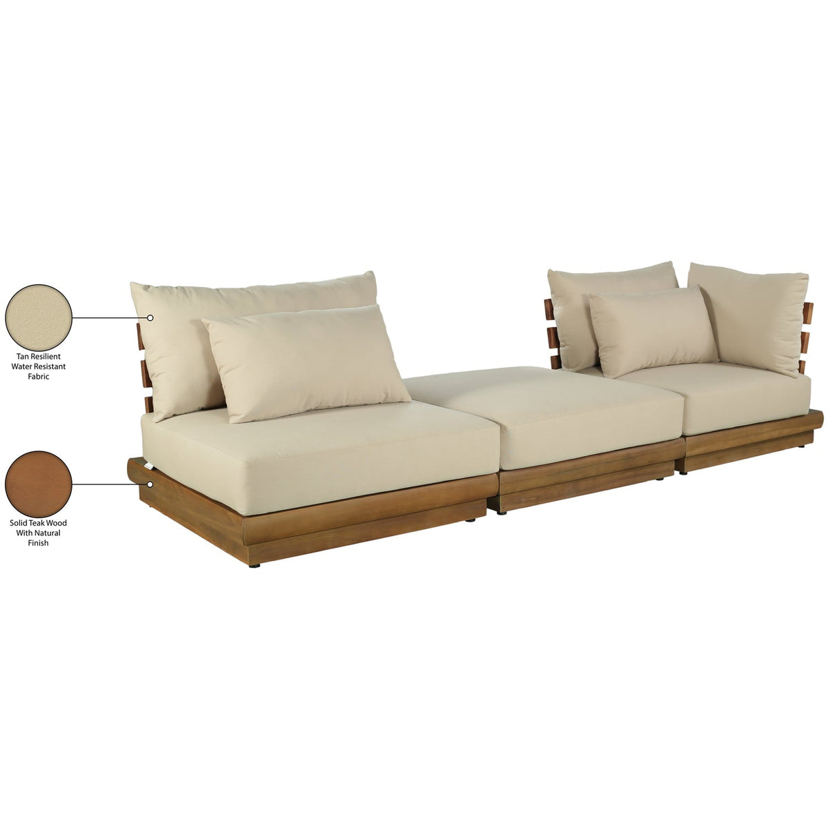 Mirella 112in Tan Water Resistant Fabric Upholstered 3 Piece Outdoor Patio Modular Sofa