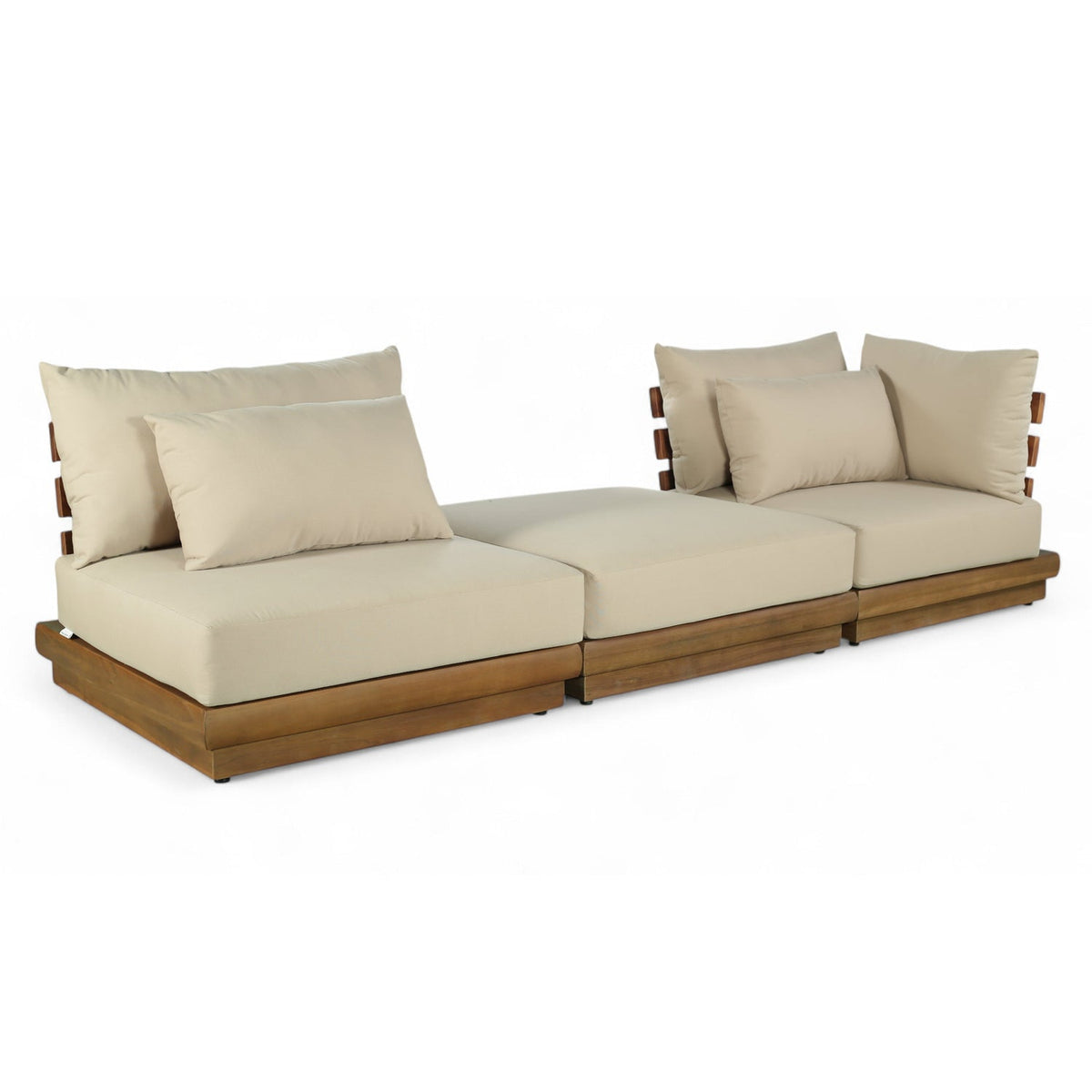 Mirella 112" Tan Water Resistant Fabric Upholstered 3pc. Outdoor Patio Modular Sofa in teak, primary product view