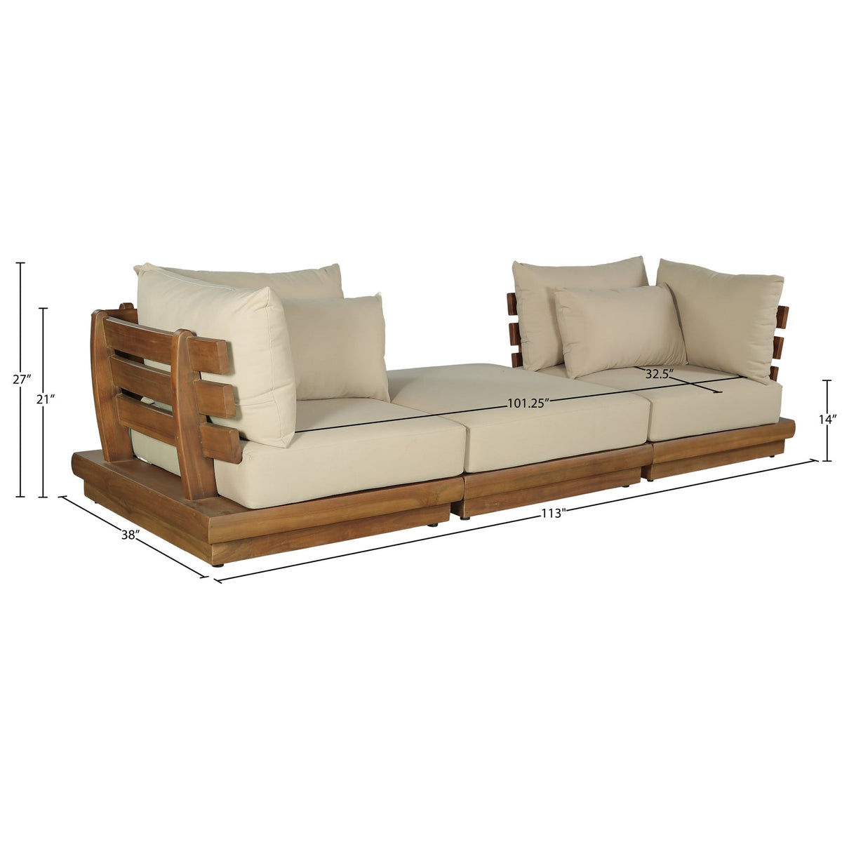 Mirella 113in Tan Water Resistant Fabric Upholstered 3 Piece Outdoor Patio Modular Sofa