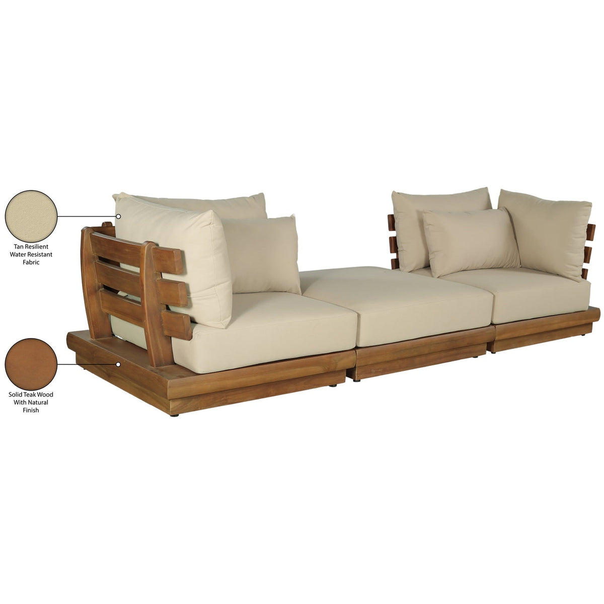 Mirella 113in Tan Water Resistant Fabric Upholstered 3 Piece Outdoor Patio Modular Sofa