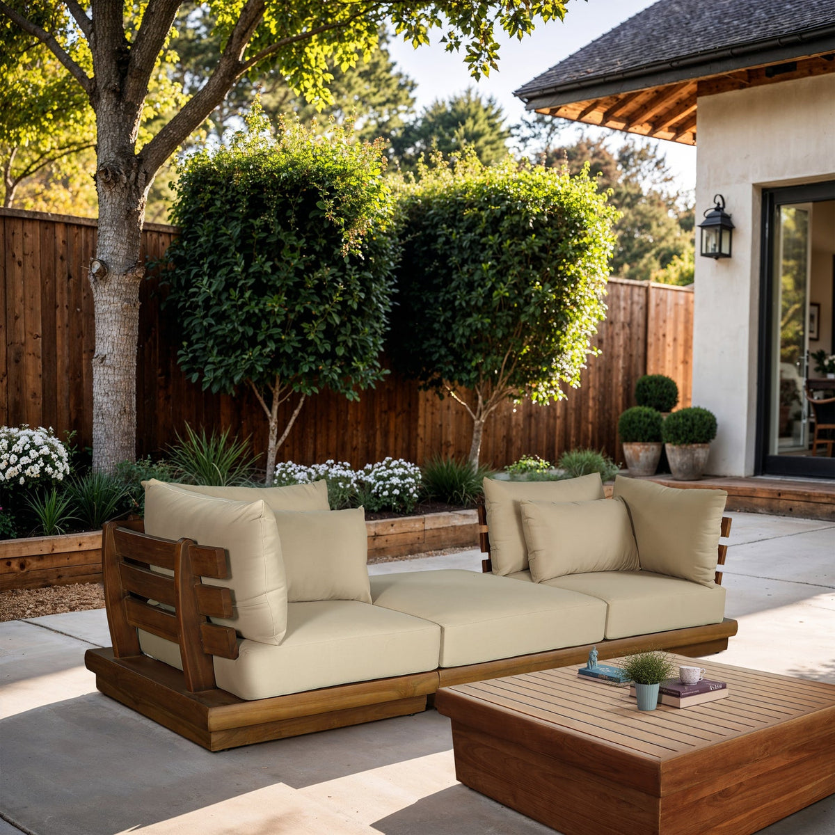 Mirella 113in Tan Water Resistant Fabric Upholstered 3 Piece Outdoor Patio Modular Sofa